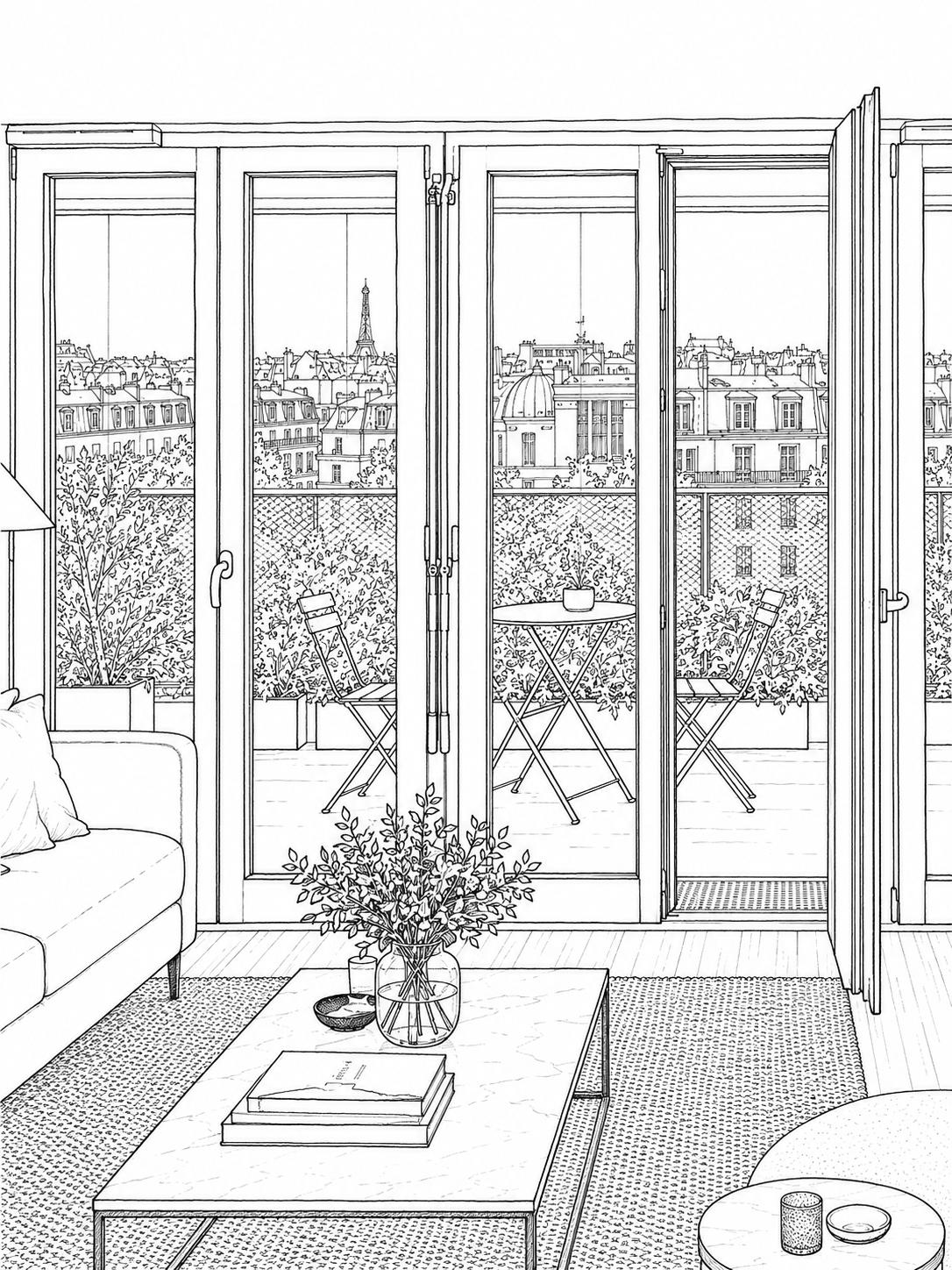 Illustration au trait — intérieur d'appartement