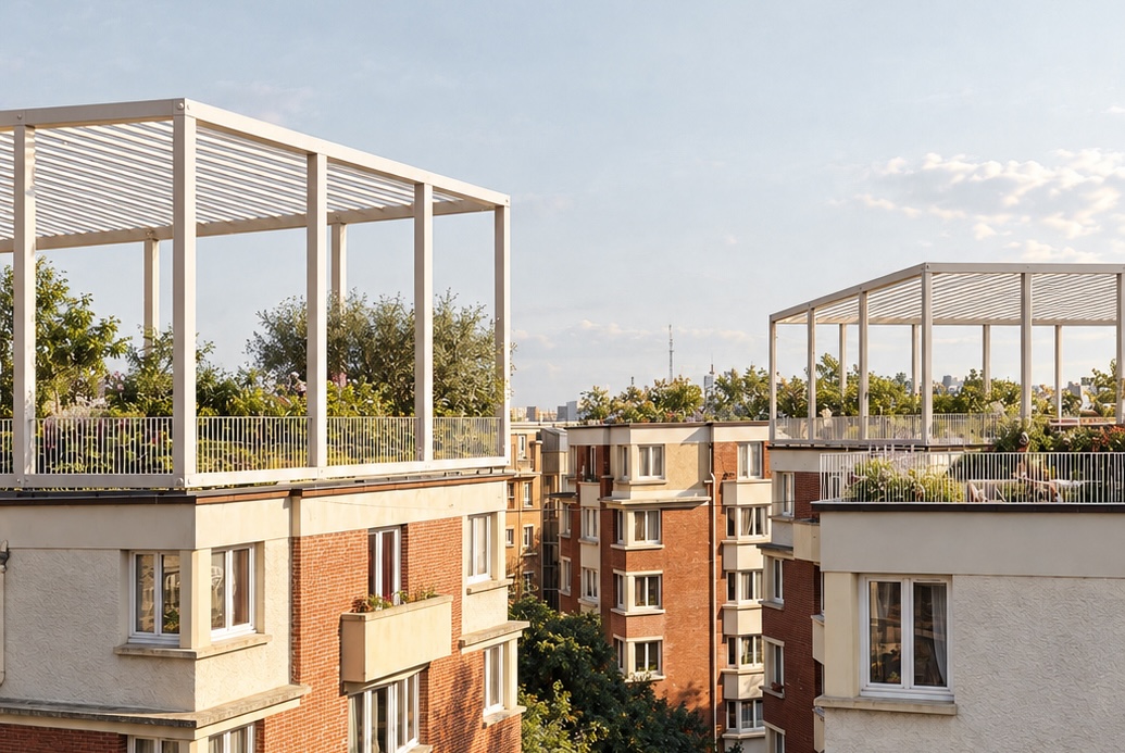 Pergolas blanches sur toits végétalisés